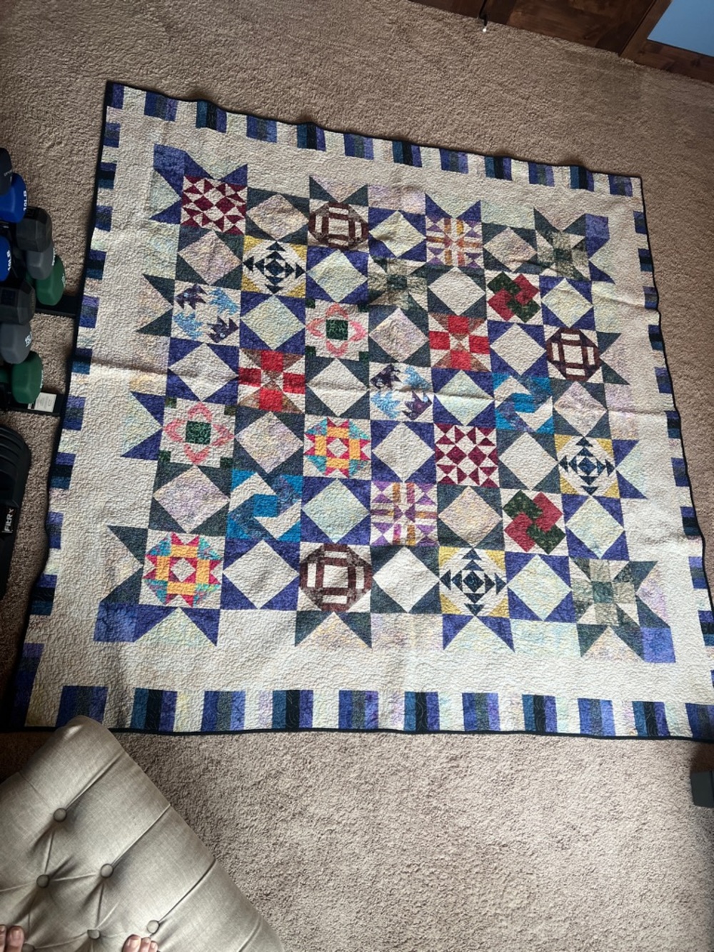 Handmade Multicolor Star Patchwork Quilt - Blue & Cream 75” x 77”